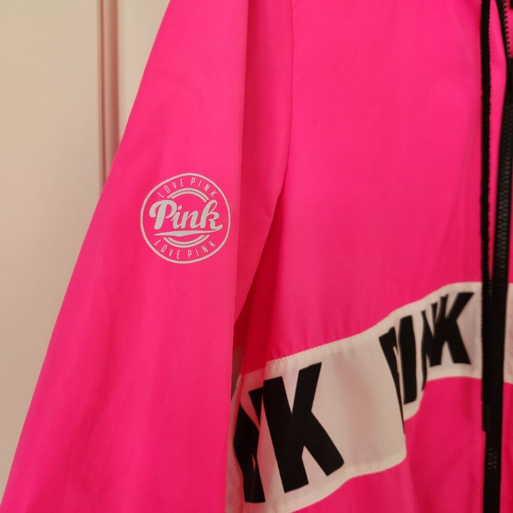Victoria's Secret Pink Hooded Windbreaker Jacket Neon Pink Black Summer Gym XS - Picture 4 of 8